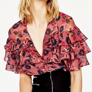 ZARA - bodysuit Floral Ruffle V-Neck Blouse - Sm.